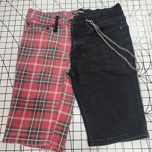 Split Tartan and Black Jean Shorts with detachable pocket chain (32 x 32)